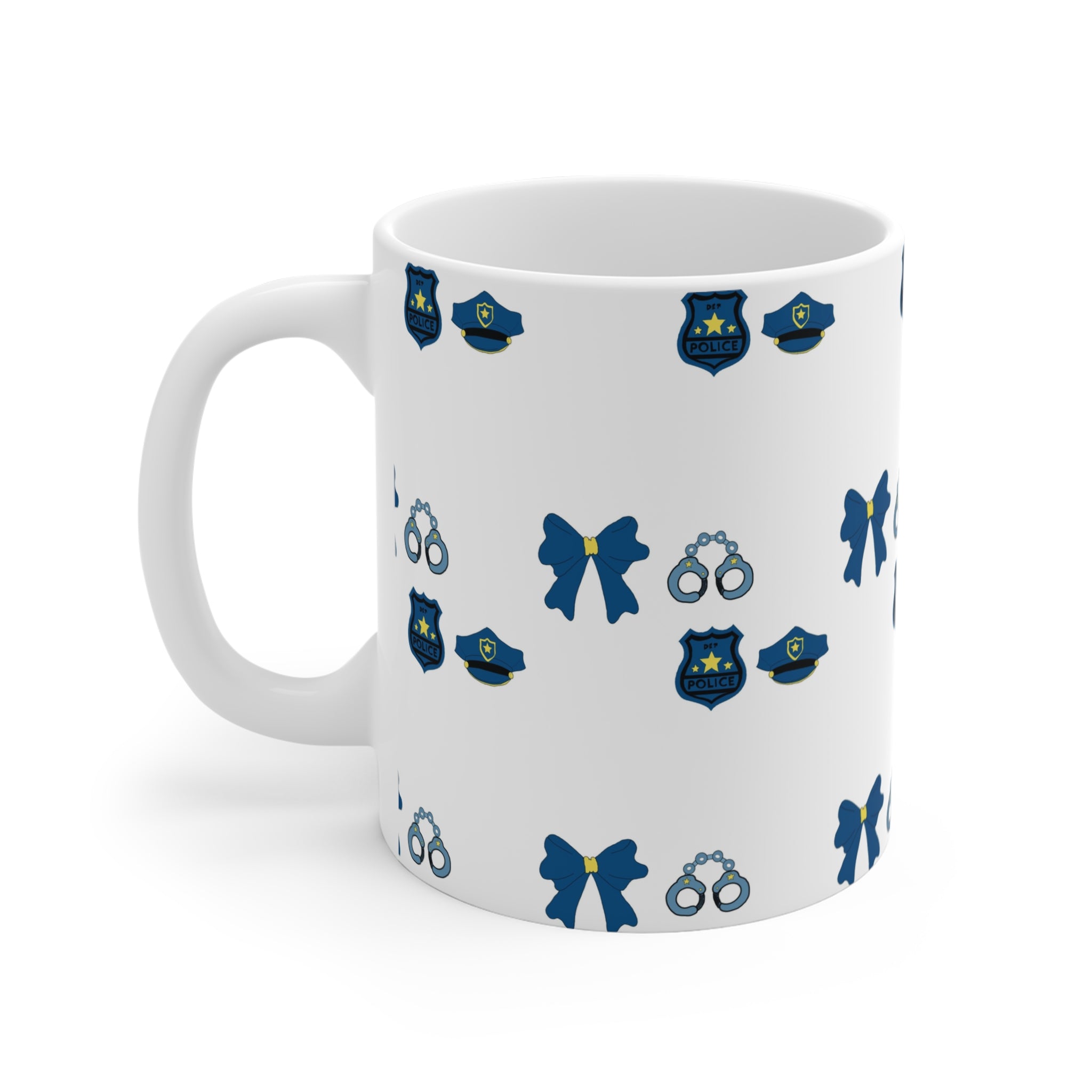 Detective • Police Pattern 11oz Mug — Officer Badge, Handcuffs & Bow Design